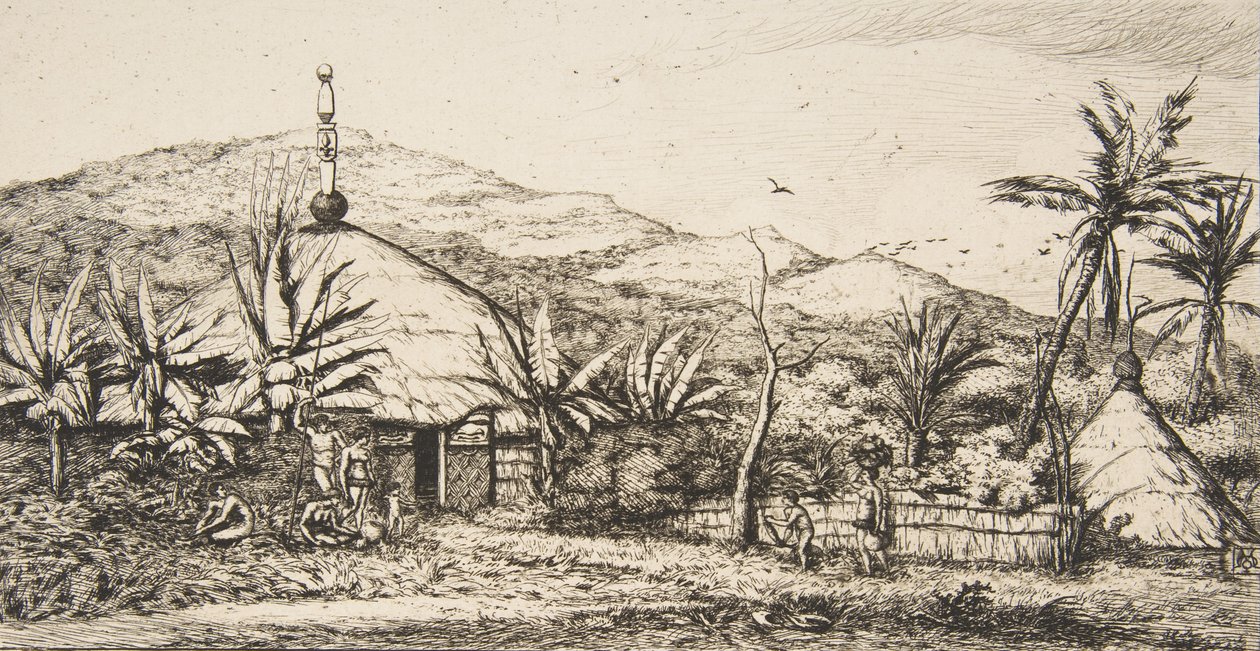 न्यू कैलेडोनिया: बलाडे से प्यूबो, 1845, 1863 की सड़क पर बड़ी देशी झोपड़ी। द्वारा चार्ल्स मेरियन