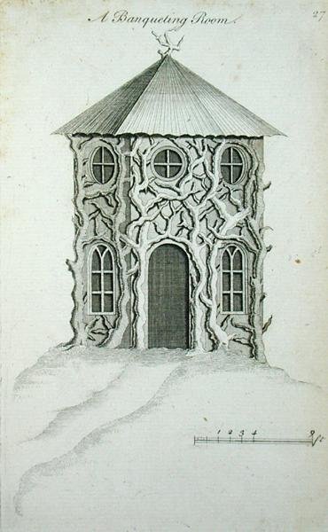 एक भोज कक्ष, 'गोथिक, चीनी और आधुनिक स्वाद में सजावटी वास्तुकला' से, 1758 में प्रकाशित (उत्कीर्णन) द्वारा चार्ल्स ओवर