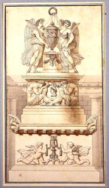रोमन जनरल के लिए अंतिम संस्कार स्मारक के लिए डिजाइन, c.1800 (चाक, कलम और स्याही और कागज पर धोएं) द्वारा चार्ल्स पियरे जोसेफ नॉर्मैंड