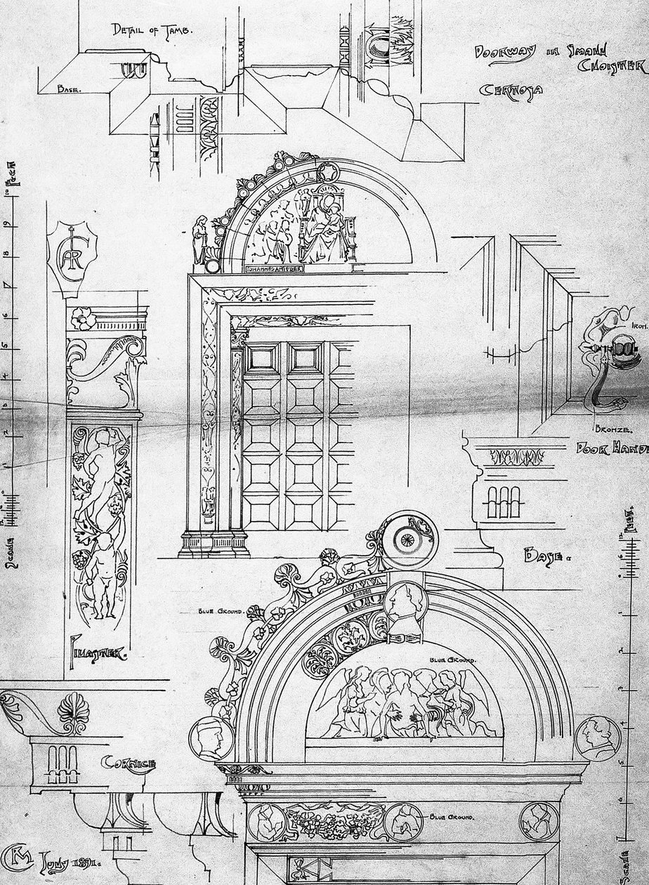 सर्टिओसा डी पाविया, छोटे क्लोस्टर में डोरवे, 1891 (स्केचबुक से कारतूस कागज पर स्याही) द्वारा चार्ल्स रेनी मैकिन्टोश