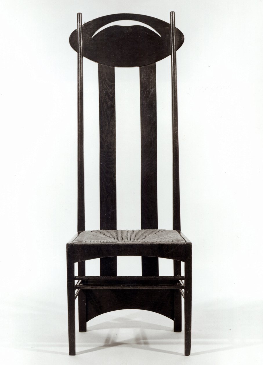 उच्च समर्थित कुर्सी, c.1897 (भीड़ वाली अनचाहे अंडाकार पीठ की पटरियों के साथ गहरे दाग वाले ओक) द्वारा चार्ल्स रेनी मैकिन्टोश