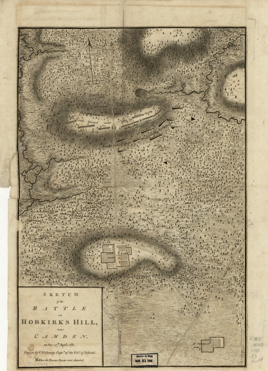 25 अप्रैल, 1781 को कैमडेन के पास, होबकिक्स हिल की लड़ाई का स्केच, लंदन, 1794 में प्रकाशित द्वारा चार्ल्स वलेंस