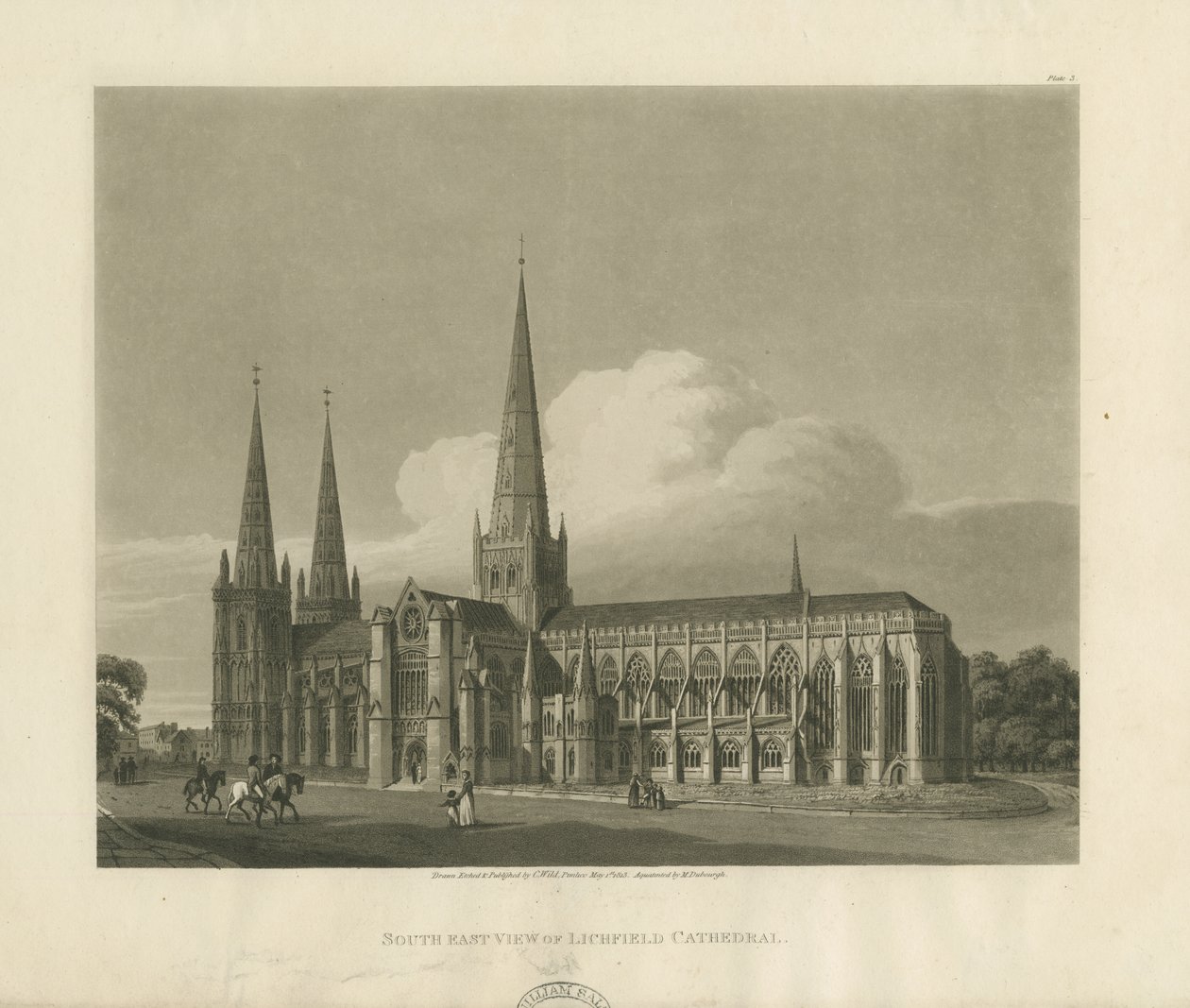 लिचफील्ड कैथेड्रल - साउथ ईस्ट व्यू: एक्वाटिंट एनग्रेविंग, 1813 द्वारा चार्ल्स वाइल्ड