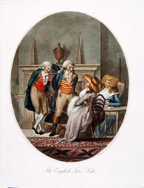 अंग्रेजी फायर साइड, पीडब्लू टोमकिन्स (1760-1840) (एक्वाटिंट) द्वारा उकेरी गई (देखें 64847, 64848 और 64849 द्वारा अंसल के बाद चार्ल्स