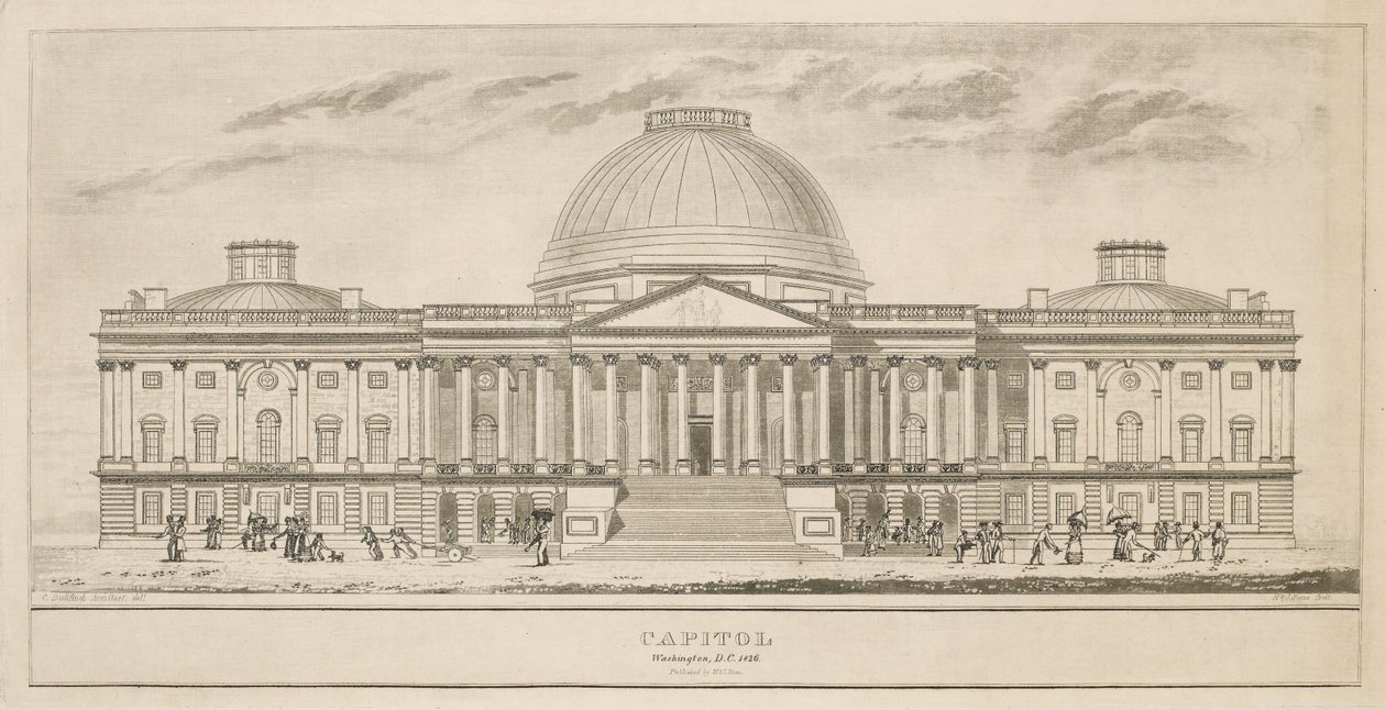 कैपिटल, वाशिंगटन, डीसी, हेनरी और जेम्स स्टोन (उत्कीर्ण 1822-1849), 1826 (कागज पर उत्कीर्णन और रेखा उत्कीर्णन) द्वारा बुल्फिंच के बाद चार्ल्स