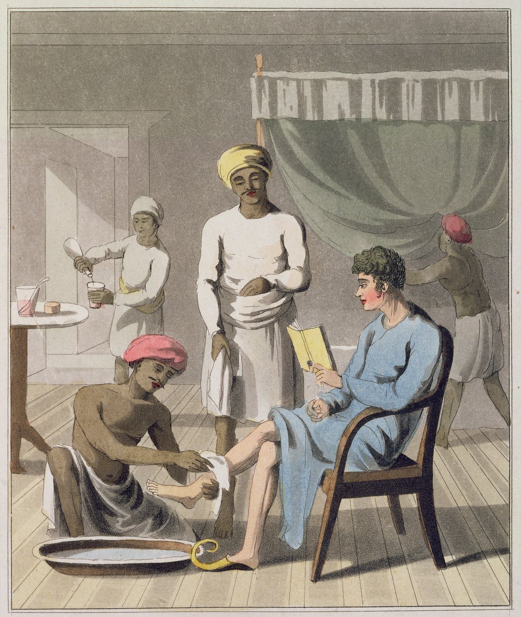 एक जेंटलमैन ड्रेसिंग, जिसमें उनके हेड बियरर और अन्य नौकर शामिल थे, &39;द यूरोपियन इन इंडिया&39; से प्लेट 4, 1813 (हाथ से बने एक्वाटिंट) प्रकाशित द्वारा चार्ल्स डी ओली