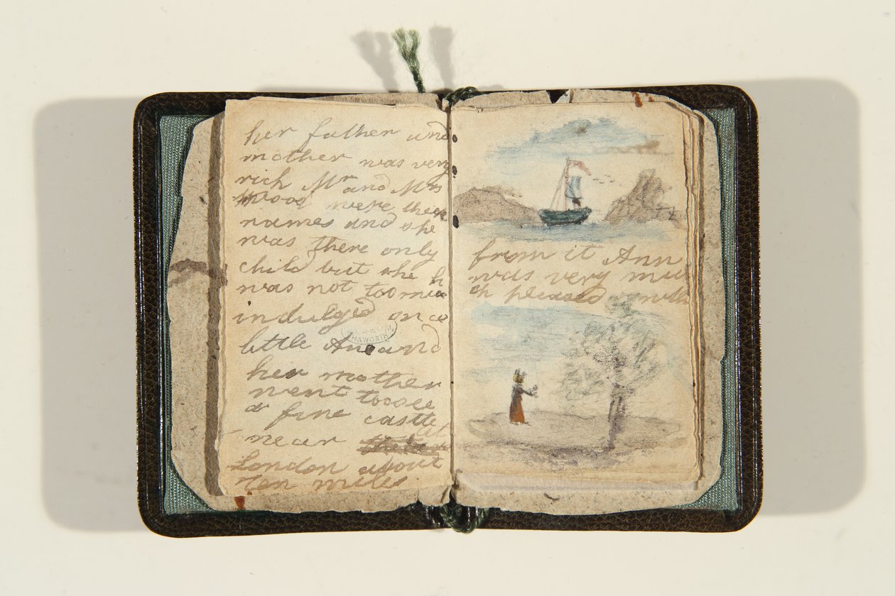 कहानी की शुरुआत "एक बार एक छोटी लड़की थी और उसका नाम एने था, c.1828 (कागज पर कलम और स्याही और पानी के रंग) द्वारा शार्लेट ब्रोंटे
