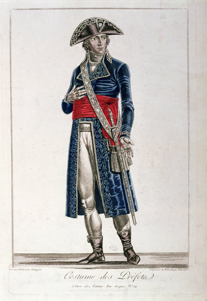 प्रथम गणतंत्र के वाणिज्य दूतावास (1799-1804) की अवधि के दौरान एक प्रीफ़ेक्ट की पोशाक, c.1800 (217238 भी देखें) द्वारा Chataignier