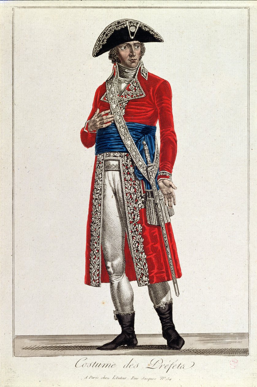 प्रथम गणतंत्र के वाणिज्य दूतावास (1799-1804) की अवधि के दौरान एक प्रीफ़ेक्ट की पोशाक, c.1800 (168825 भी देखें) द्वारा Chataignier