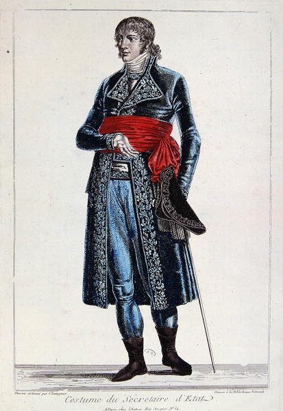 फ्रांस में प्रथम गणराज्य के वाणिज्य दूतावास (1799-1804) की अवधि के दौरान राज्य सचिव की पोशाक, c.1800 (रंगीन उत्कीर्णन) द्वारा चैट हस्ताक्षरकर्ता चैट हस्ताक्षरकर्ता