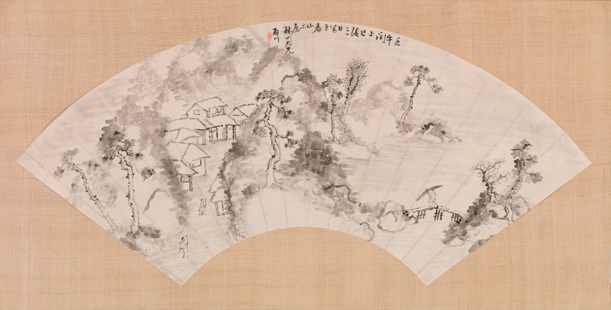 एक परिदृश्य को दर्शाने वाला फैन, c.1600 (कागज पर स्याही) द्वारा चीनी स्कूल