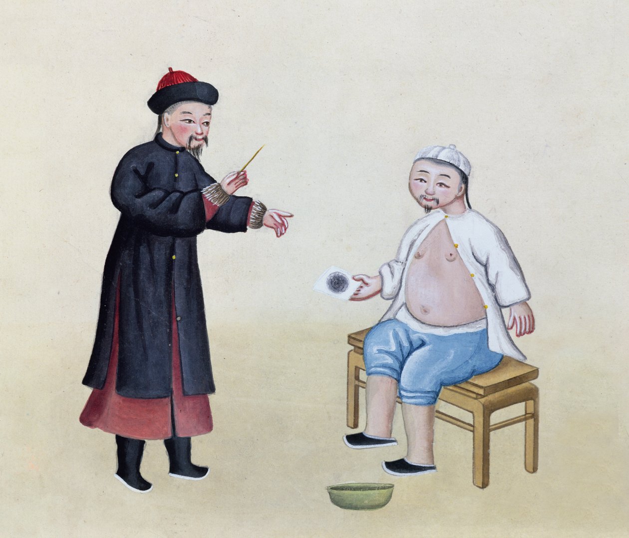 अपने मरीज के साथ एक्यूपंक्चर चिकित्सक, c.1785 (कागज पर wc) द्वारा चीनी स्कूल