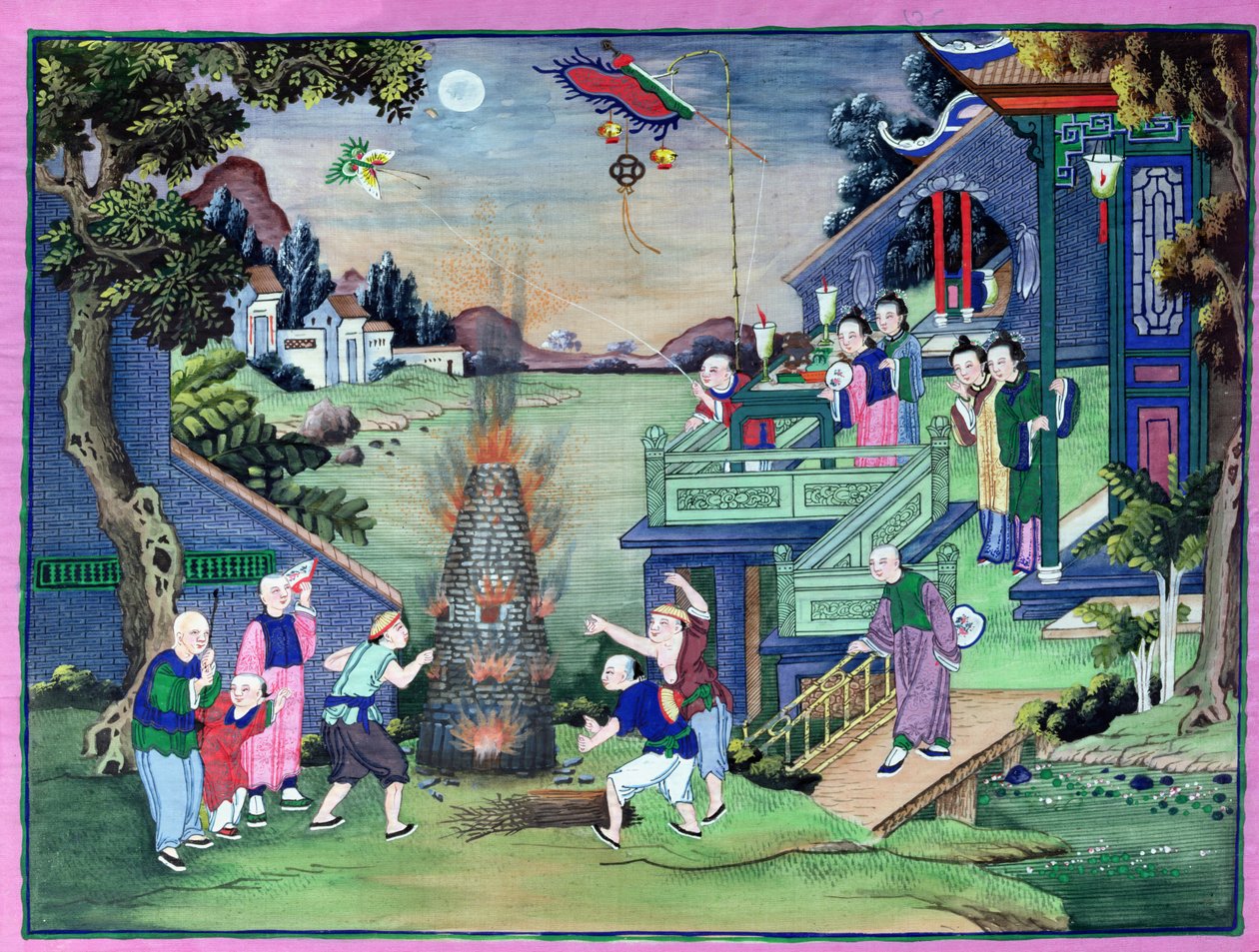 पटाखे और पतंगों के साथ उत्सव (चित्रित वस्त्र) द्वारा चीनी स्कूल