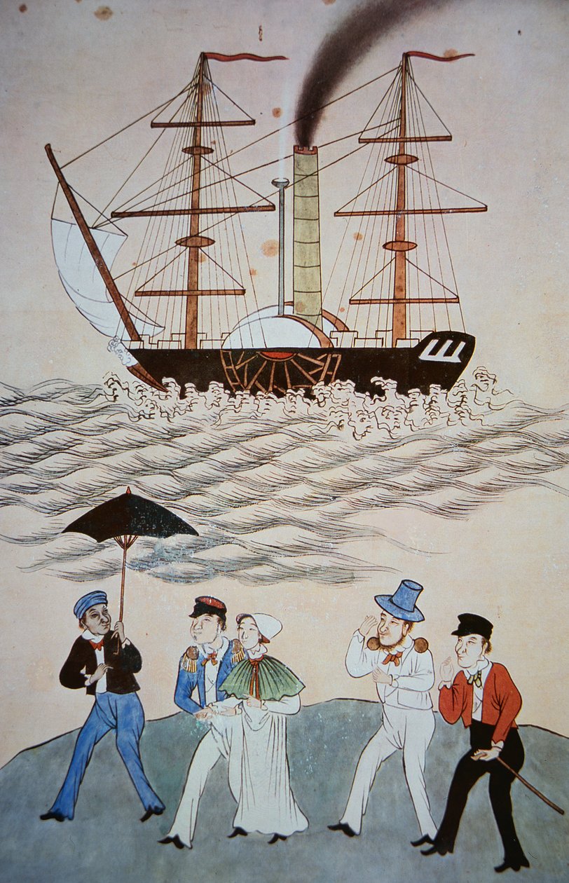 कैंटन c.1840 पर उतरने वाले पहले ब्रिटिश स्टीमर और यात्रियों की चीनी पेंटिंग (268028 भी देखें) द्वारा चीनी स्कूल