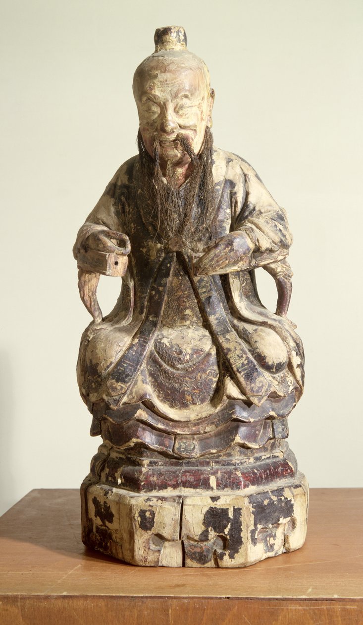 लाओ-त्ज़ु (c.604-531) मास्टर (चित्रित लकड़ी) का ताज पहने द्वारा चीनी स्कूल