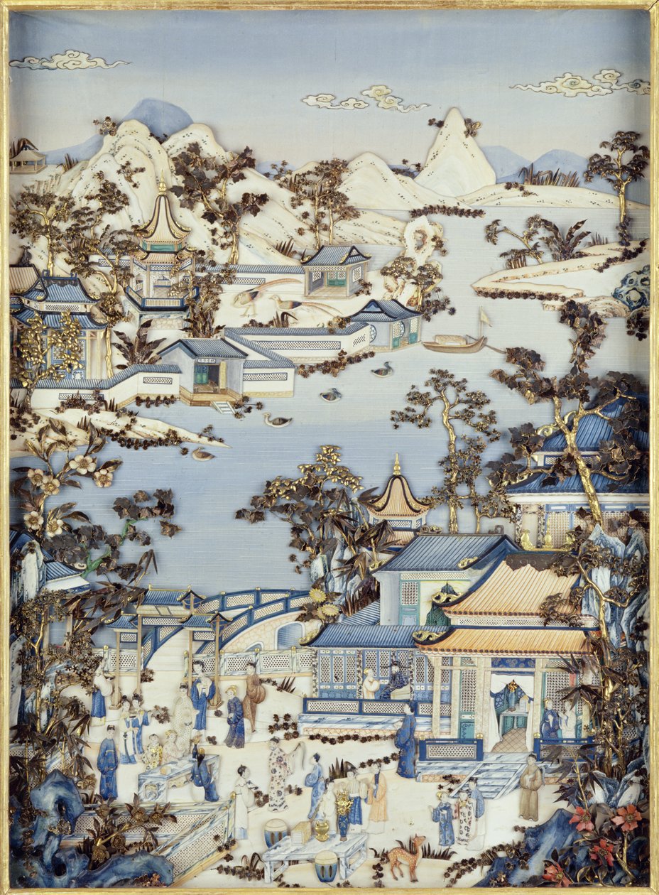 एक चबूतरे पर चित्रण करने वाले पैनल, कियानलॉन्ग अवधि, 1736-95 (पॉलीक्रोम आइवरी) (एक जोड़ी में से एक) (206571, 206573 देखें) द्वारा चीनी स्कूल