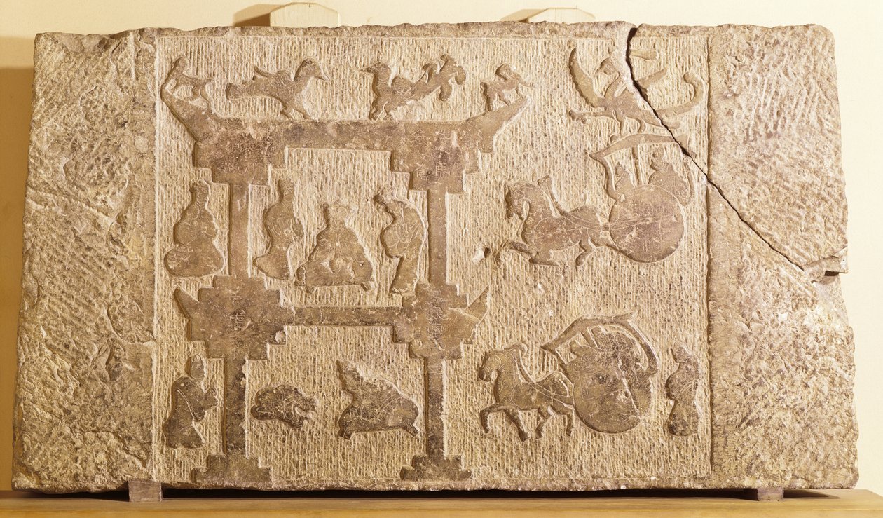 स्लैब को कैरीज़ और पौराणिक पक्षियों से सजाया गया, हान राजवंश (206 ईसा पूर्व-ईस्वी 220) (बलुआ पत्थर) द्वारा चीनी स्कूल