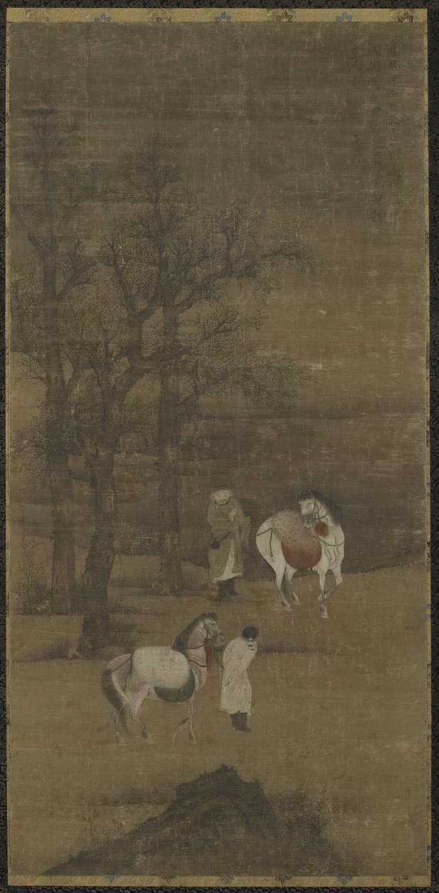 घोड़े और दूल्हे, मिंग या किंग वंश के साथ शीतकालीन परिदृश्य द्वारा चीनी स्कूल