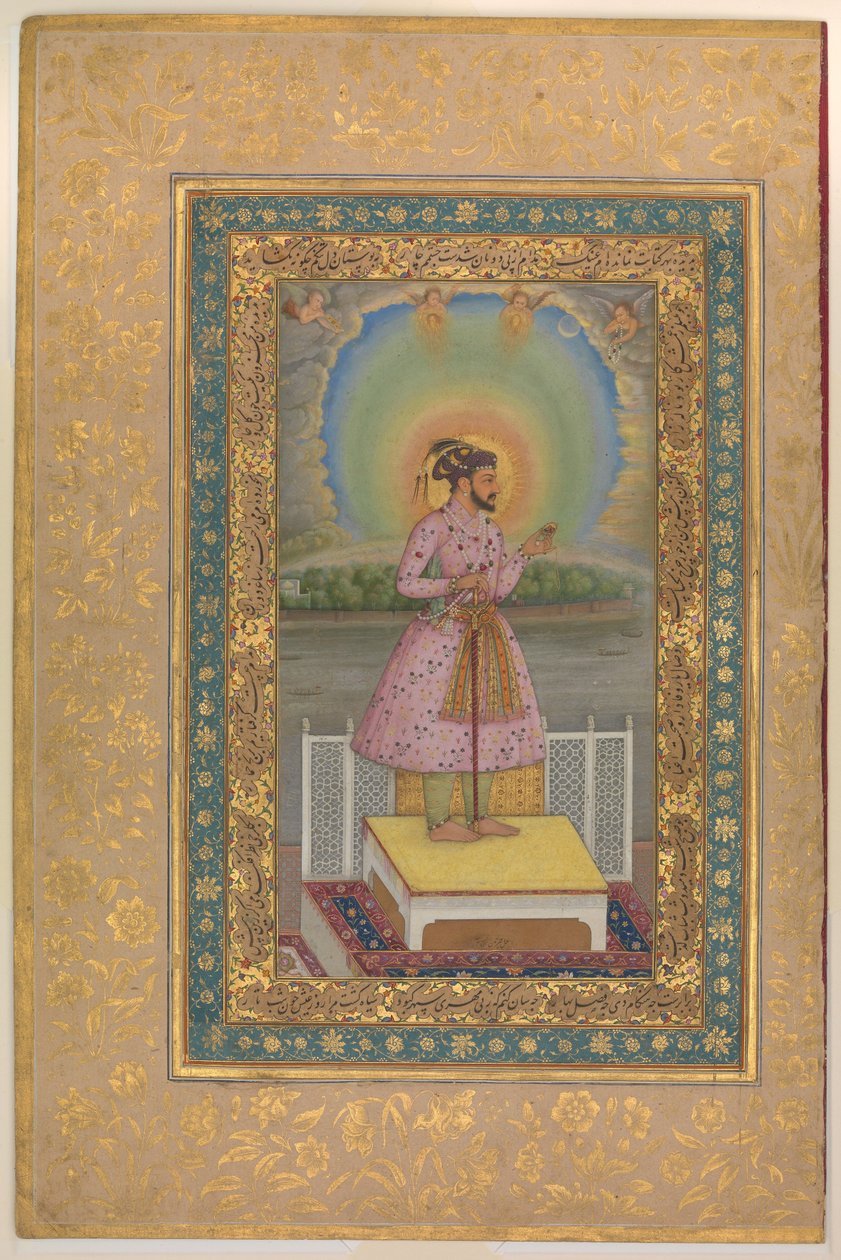 टेरस पर शाहजहाँ, अपने पोर्ट्रेट के साथ एक लटकन सेट पकड़े हुए, शाहजहाँ एल्बम से फोलियो, रेक्टो: 1627-1928 द्वारा Chitarman