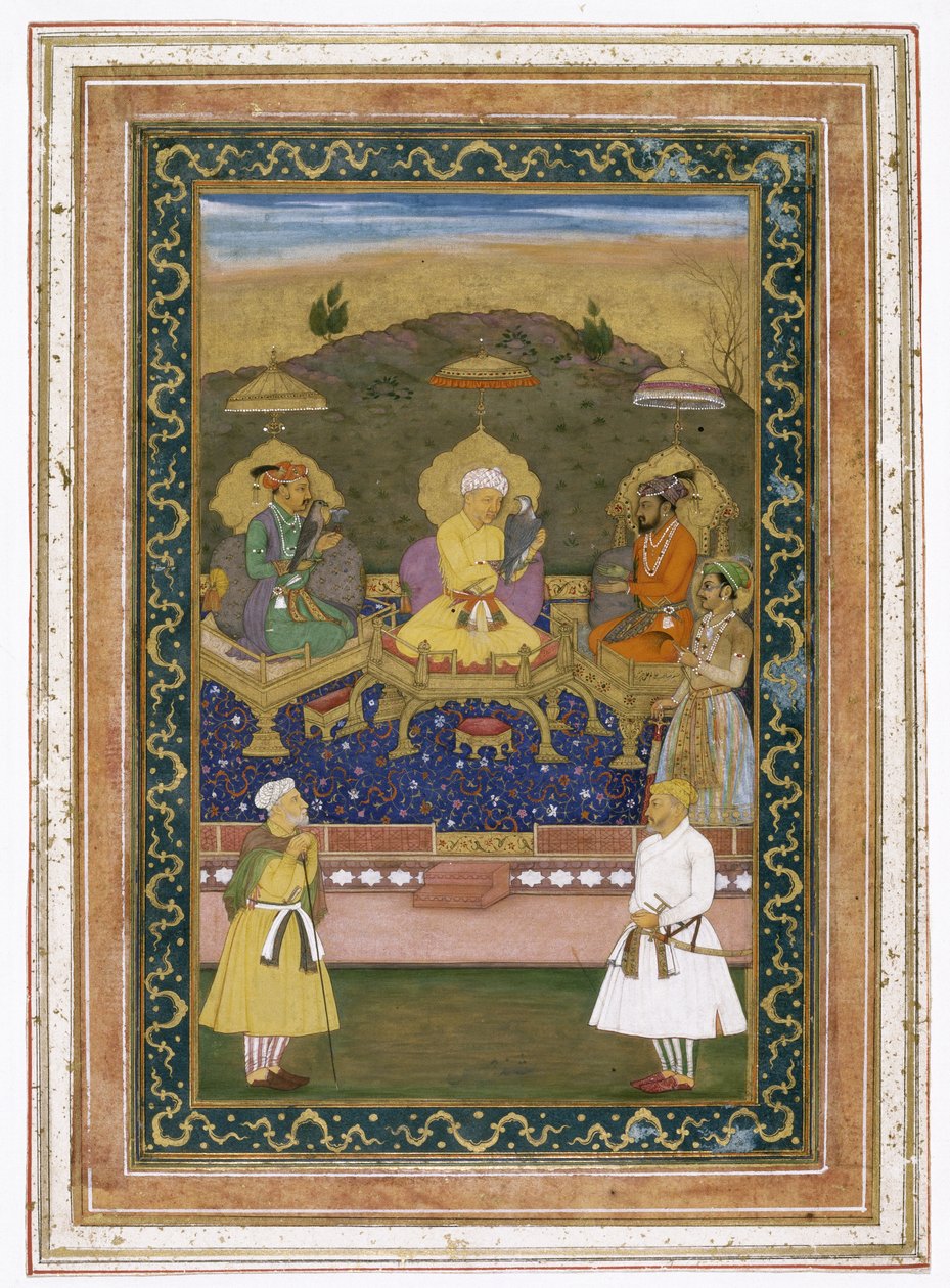 सम्राट अकबर, जहाँगीर, और शाहजहाँ अपने मंत्रियों और राजकुमार दारा शिकोह के साथ, c.1630-40 द्वारा Chitarman
