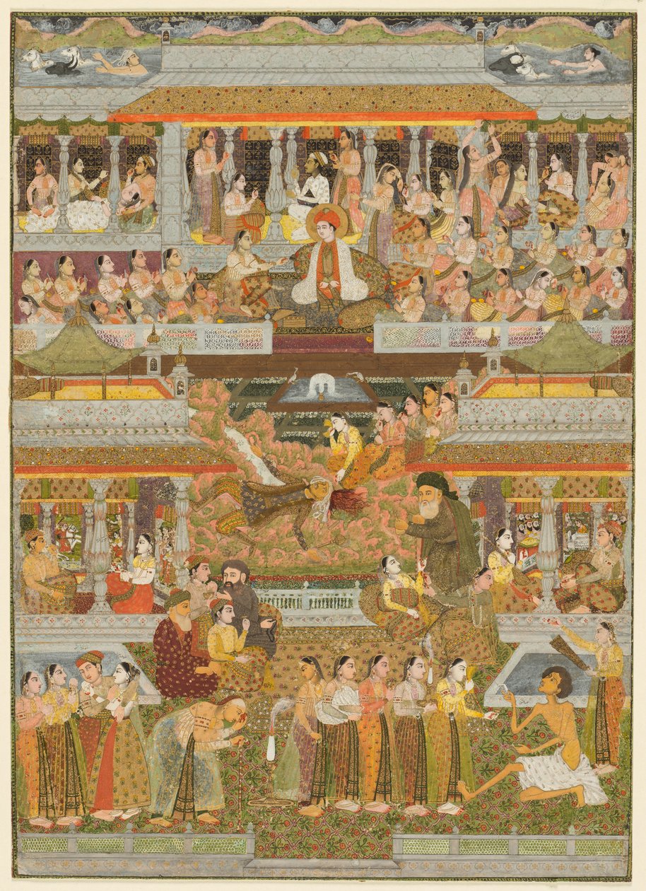प्रेमी और प्रेमी: फ़ारसी, उर्दू और संस्कृत साहित्य के दृश्यों का एक संयोजन, सी। 1735. द्वारा चितरमन II
