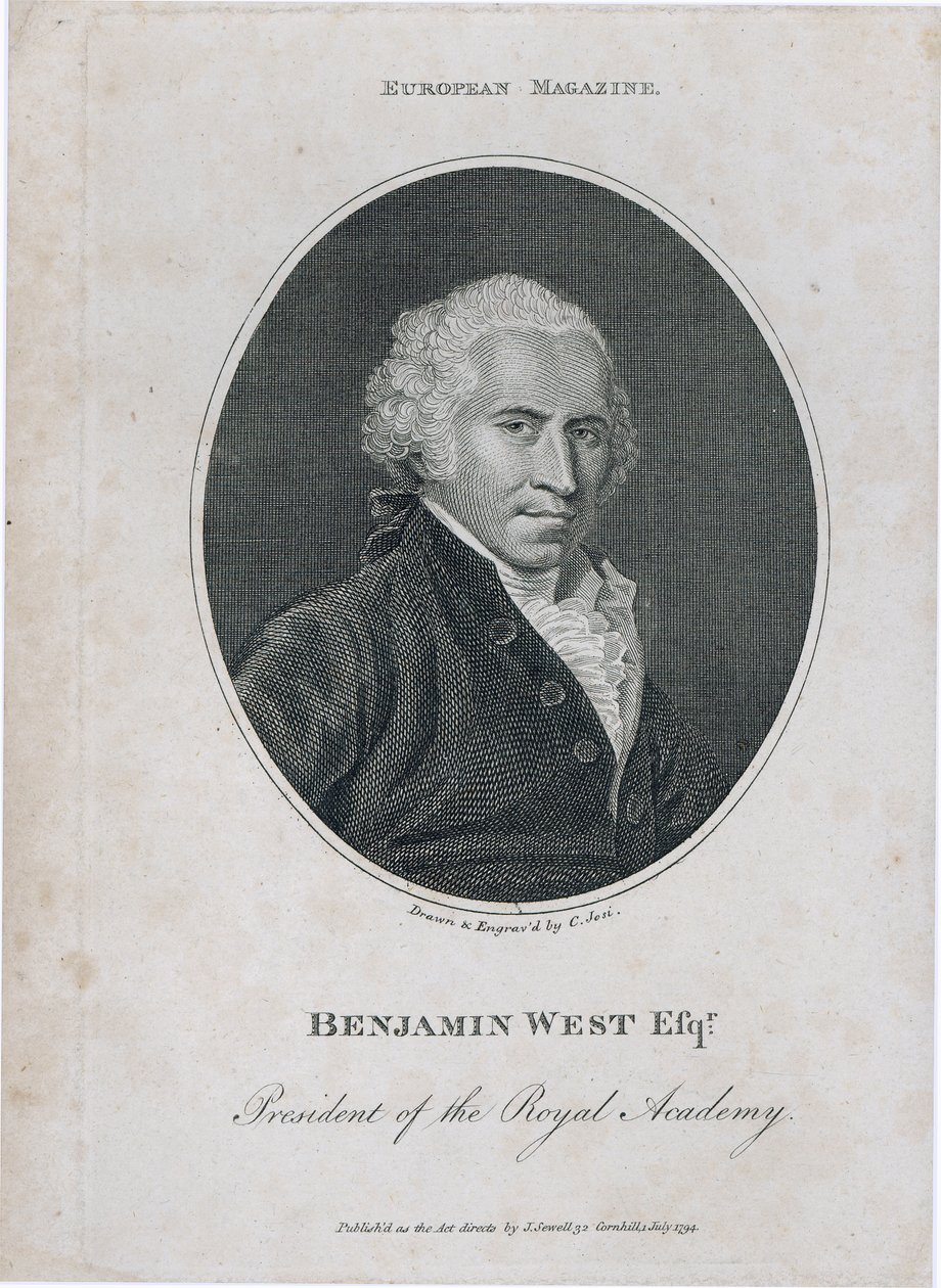 बेंजामिन वेस्ट (1738-1820) के पोर्ट्रेट, रॉयल अकादमी के अध्यक्ष, कलाकार, 1794 द्वारा उकेरे गए द्वारा ईसाई जोसी