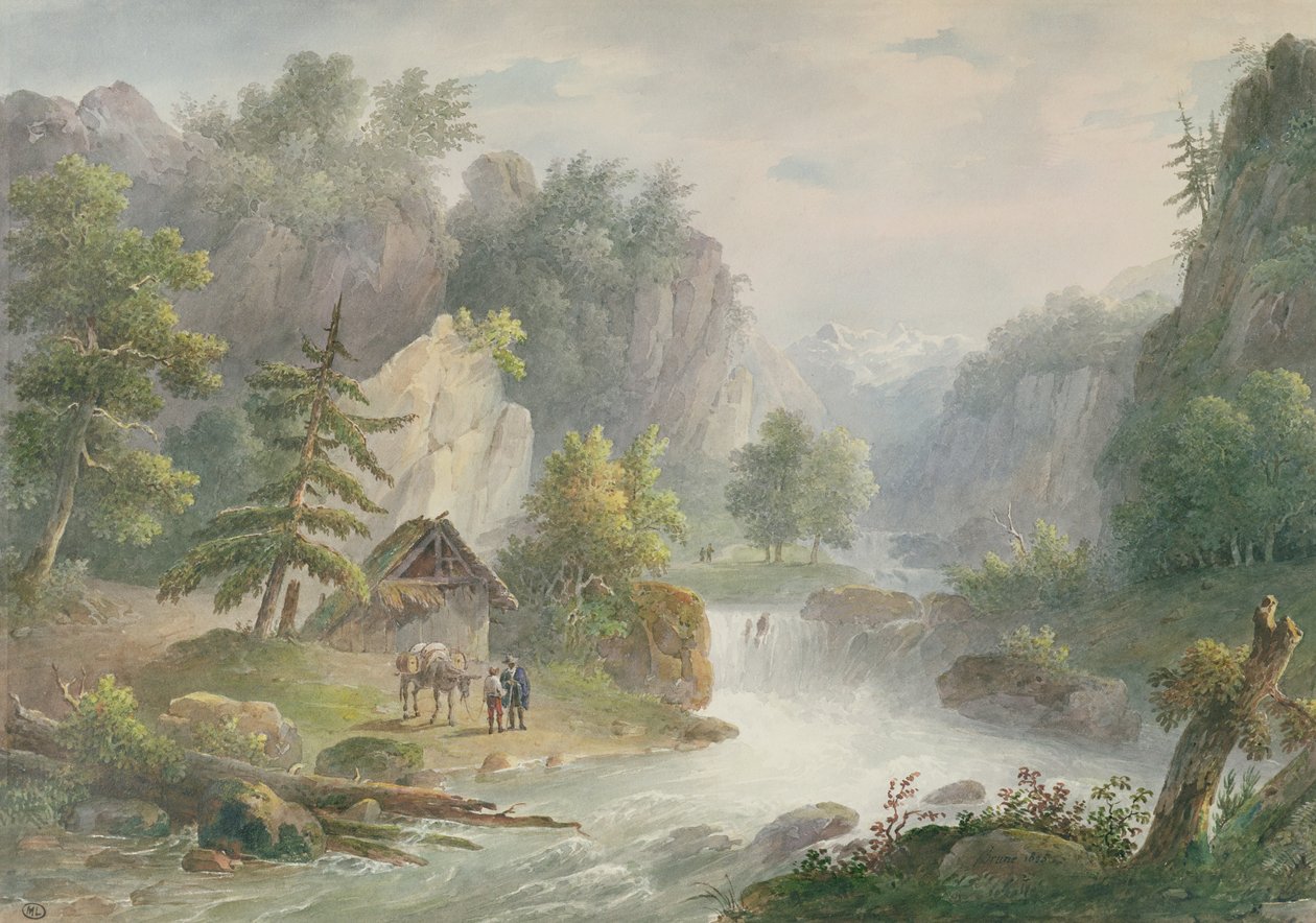 टोरेंट के साथ पहाड़ी लैंडस्केप, 1825 (कागज पर wc) द्वारा क्रिश्चियन ब्रुने