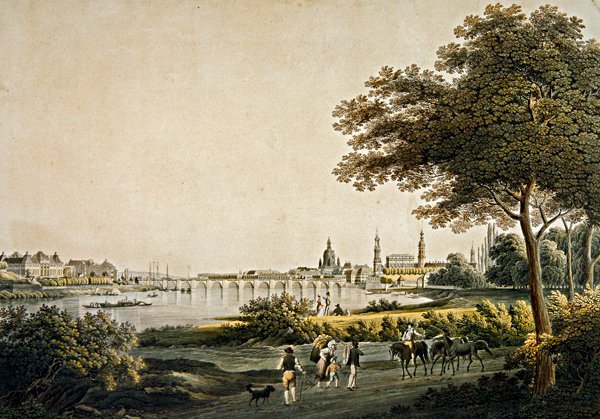 दक्षिण-पश्चिम की ओर से ड्रेसडेन का दृश्य (रंग उत्कीर्णन) द्वारा क्रिश्चियन गोटलोब हैमर