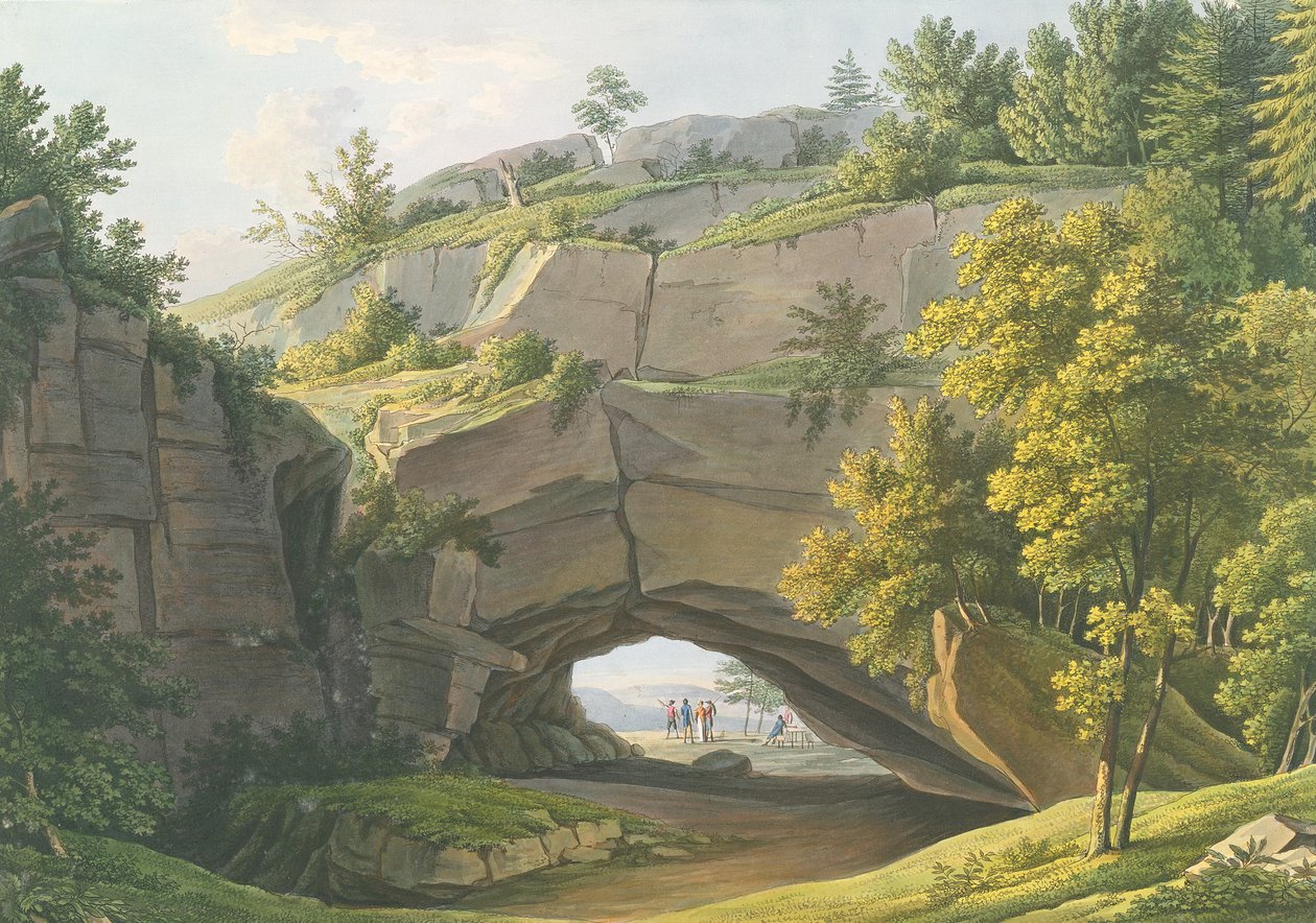 Saxon Switzerland में प्रसिद्ध कुहस्टल गुफा का दृश्य (wc के साथ उत्कीर्णन) द्वारा क्रिश्चियन गोटलोब हैमर