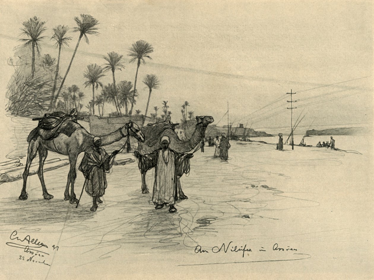 1898 में असवान, मिस्र में नील नदी के तट पर ऊंट-चालक। द्वारा क्रिश्चियन विल्हेम एलर्स