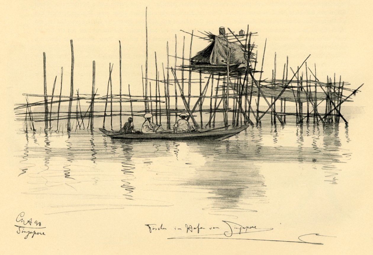 सिंगापुर हार्बर, 1898 में स्टिल्ट्स और मछुआरों पर हाउस। द्वारा क्रिश्चियन विल्हेम एलर्स