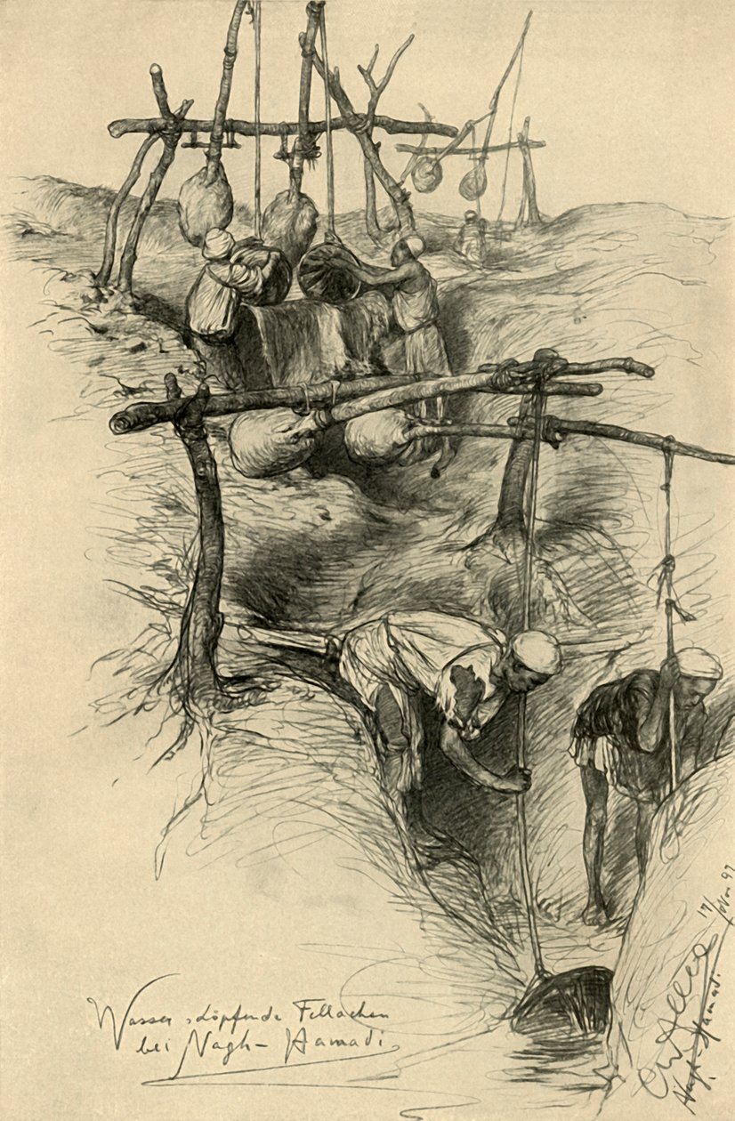 शादौफ, नाग हम्मादी, मिस्र, 1898 का उपयोग करके नील नदी से पानी उठाना। द्वारा क्रिश्चियन विल्हेम एलर्स