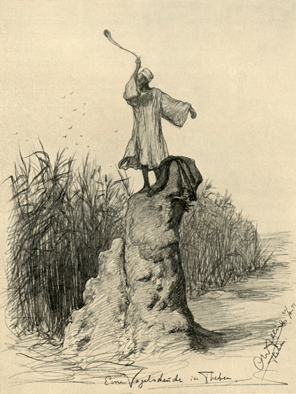 पक्षियों को डराने वाला आदमी, थेब्स, मिस्र, 1898। द्वारा क्रिश्चियन विल्हेम एलर्स