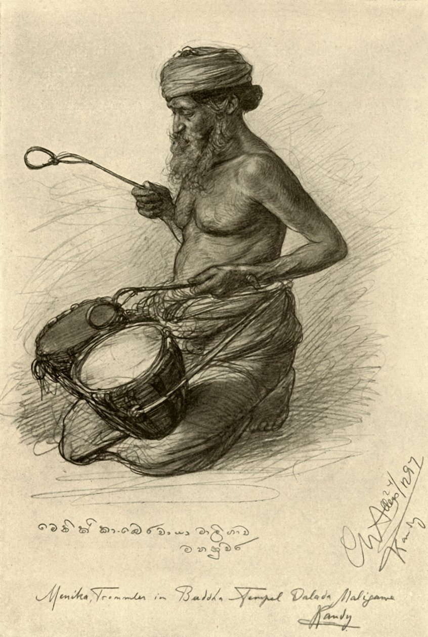 मेनिका - टेंपल ऑफ़ द टूथ, कैंडी, सीलोन, 1898 में ढोलकिया। द्वारा क्रिश्चियन विल्हेम एलर्स