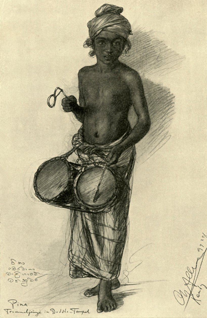 पिना - एक बौद्ध मंदिर, कैंडी, सीलोन, 1898 में ढोलकिया लड़का। द्वारा क्रिश्चियन विल्हेम एलर्स