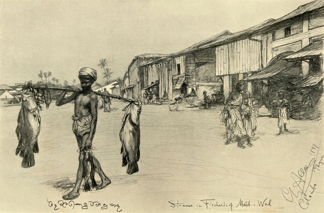 एक मछली पकड़ने के गांव, मुतवाल, सीलोन, 1898 में सड़क का दृश्य। द्वारा क्रिश्चियन विल्हेम एलर्स