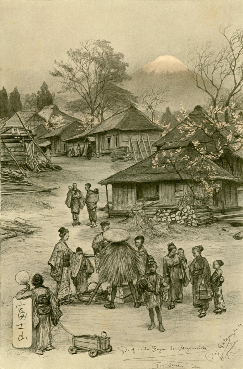 माउंट फ़ूजी, मियानोशिता, जापान के पास का गाँव, 1898। द्वारा क्रिश्चियन विल्हेम एलर्स