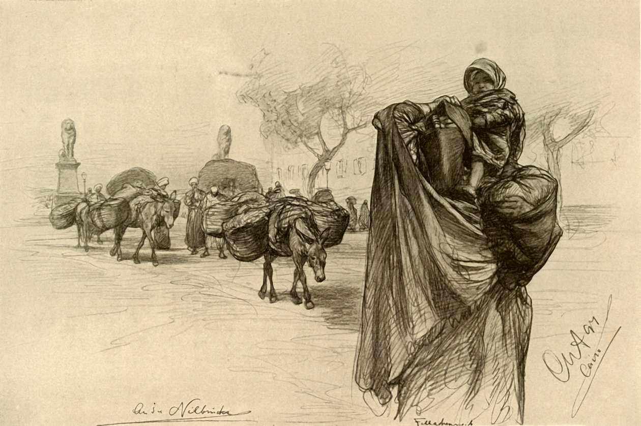1898 में काहिरा में कोबरी एल गीज़ीरा ब्रिज के पास महिला और बच्चा। द्वारा क्रिश्चियन विल्हेम एलर्स