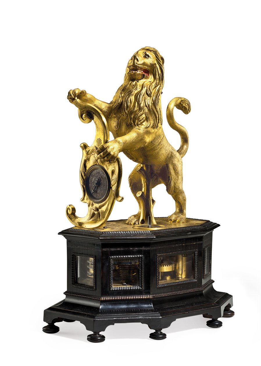 स्ट्राइकिंग और ऑटोमेटन लायन क्लॉक, c.1640 (गिल्ट-पीतल और आबनूस) द्वारा क्रिस्टोफ मिलर