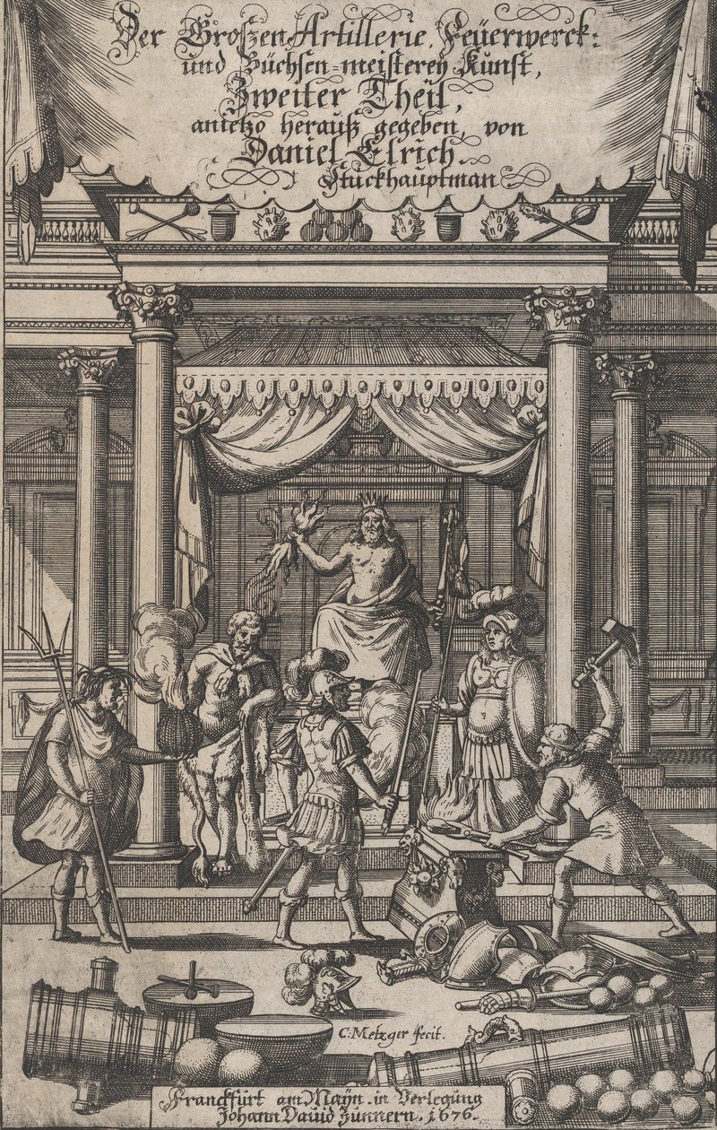 शीर्षक पृष्ठ, 'द ग्रेट आर्टिलरी फायरवर्क्स...', 1676। द्वारा क्रिस्टोफ़ मेट्ज़गेर