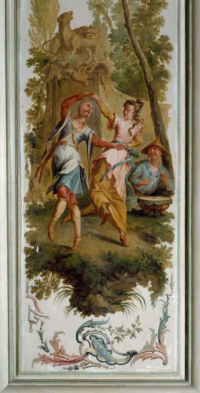 Chinoiserie: नृत्य दृश्य, शैटॉ डे चैंप्स सुर मार्ने के भव्य सैलून का पैनल क्रिस्टोफ़ ह्यूएट द्वारा महसूस किया गया (१७००-१७५९) द्वारा क्रिस्टोफ़ ह्यूट