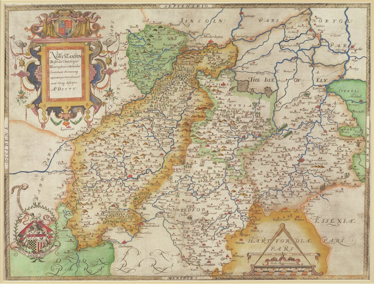 नॉर्थम्प्टन और आसन्न काउंटी का नक्शा, &39;एटलस ऑफ़ इंग्लैंड एंड वेल्स&39;, 1576 (तांबे की प्लेट उत्कीर्णन) द्वारा क्रिस्टोफर सैक्सटन