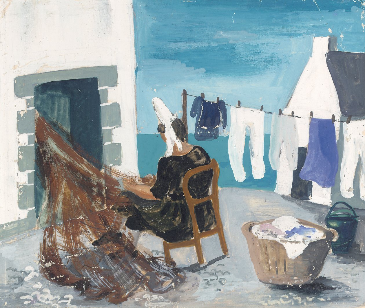 Mending Nets, Tréboul, c.1930 (कागज पर पेंसिल और गौचे) द्वारा क्रिस्टोफर वुड