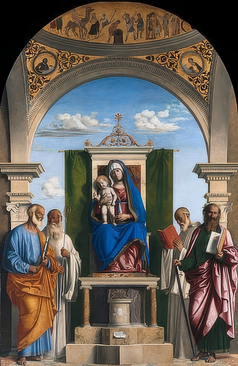 मारिया बच्चे को लेकर उत्साहित हो गई। 1495-1497 द्वारा Cima da Conegliano