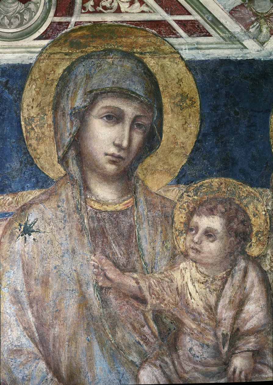 Maesta - Cimabue (Cenni di Pepo) (ca. 1272-1302) 1278-1280 Dim 320x340 cm Assisi, बेसिलिका ऑफ़ सैन फ्रांसेस्को, लोअर चर्च द्वारा वर्जिन और चाइल्ड फ़्रेस्को का विवरण द्वारा सीमाब्यू