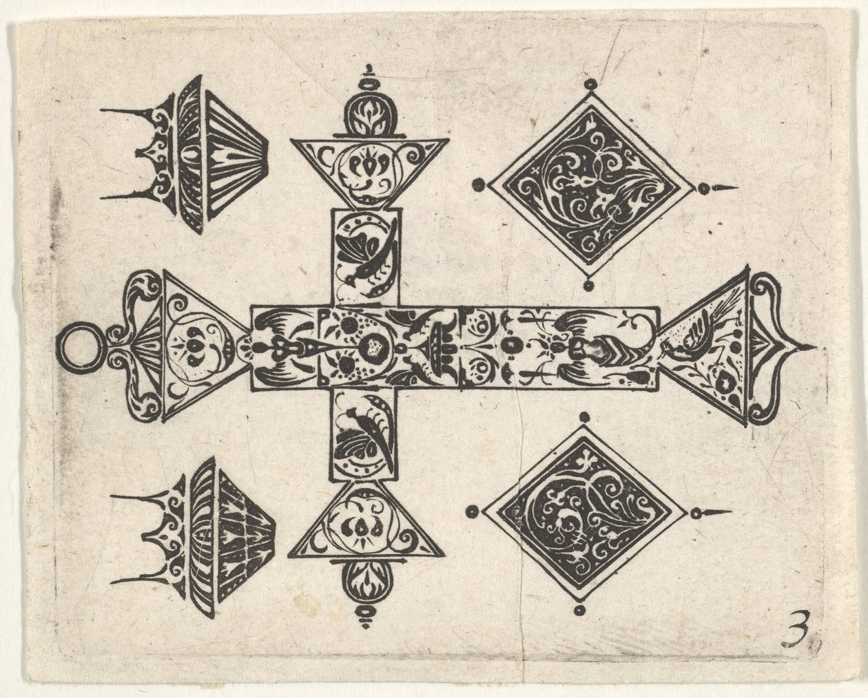 एक लैटिन क्रॉस और चार मोटिफ्स के साथ ब्लैकवर्क प्रिंट, सीए। 1620। द्वारा जाँज विसेर का दावा