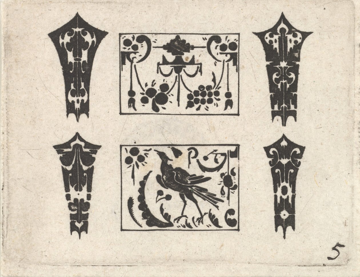 एक सममित Schweifwerk पैटर्न के साथ ब्लैकवर्क प्रिंट, ca. 1620। द्वारा जाँज विसेर का दावा