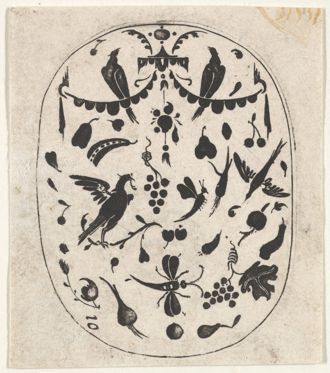 पक्षी, कीड़े और फल के साथ ओवल ब्लैकवर्क प्रिंट, सीए। 1620। द्वारा जाँज विसेर का दावा