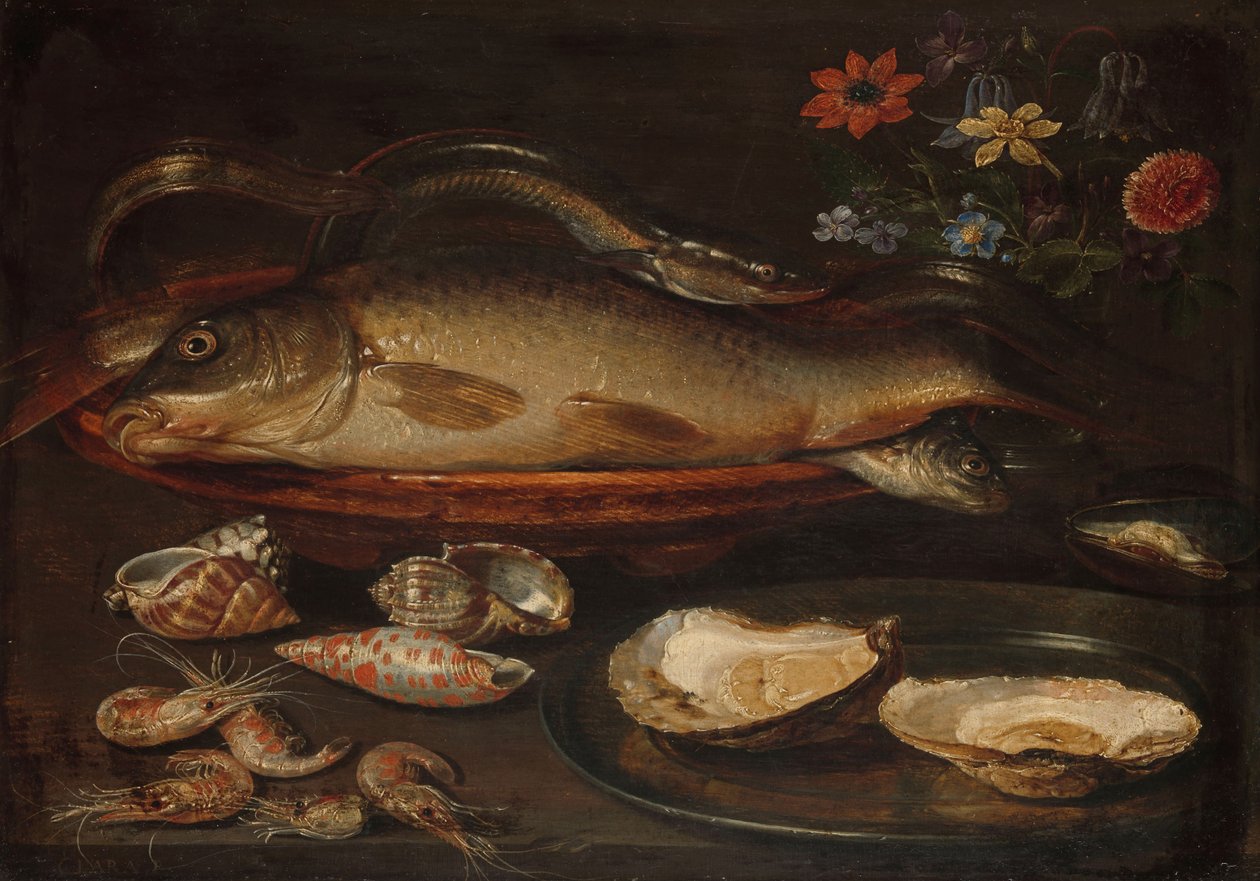 मछली, सीप और झींगे के साथ फिर भी जीवन, c.1620-50 द्वारा शार्लेट इवांस