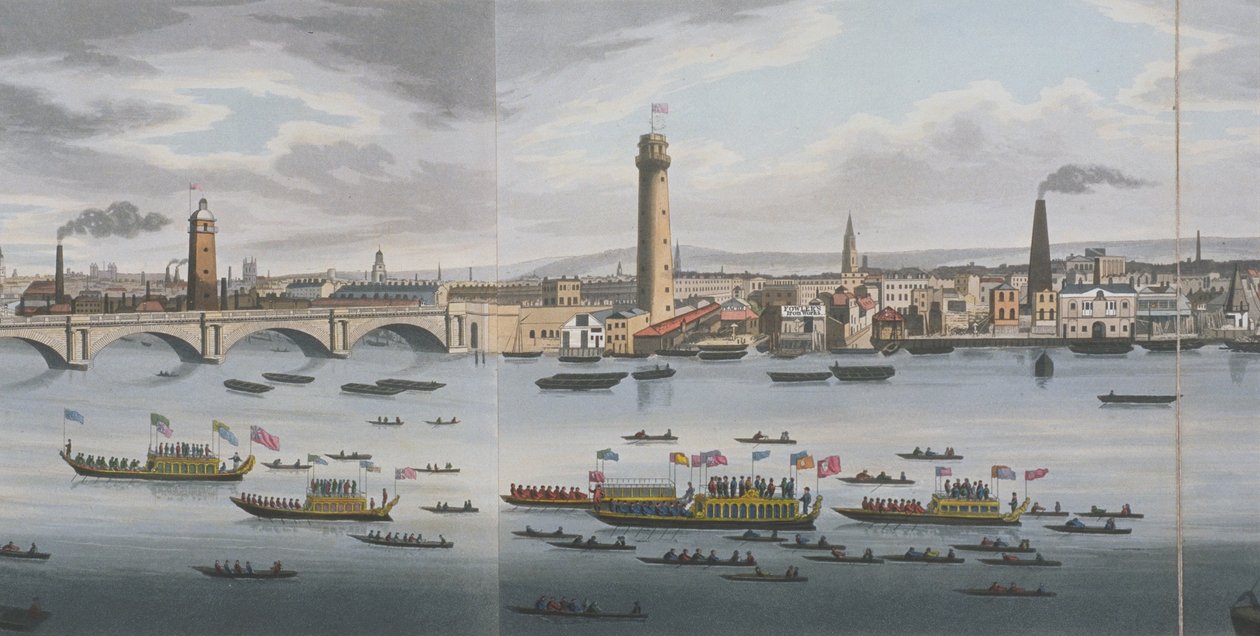 एडेल्फ़ी से टेम्स नदी का पैनोरमा, c.1829 (एक्वाटिंट) द्वारा क्लार्क